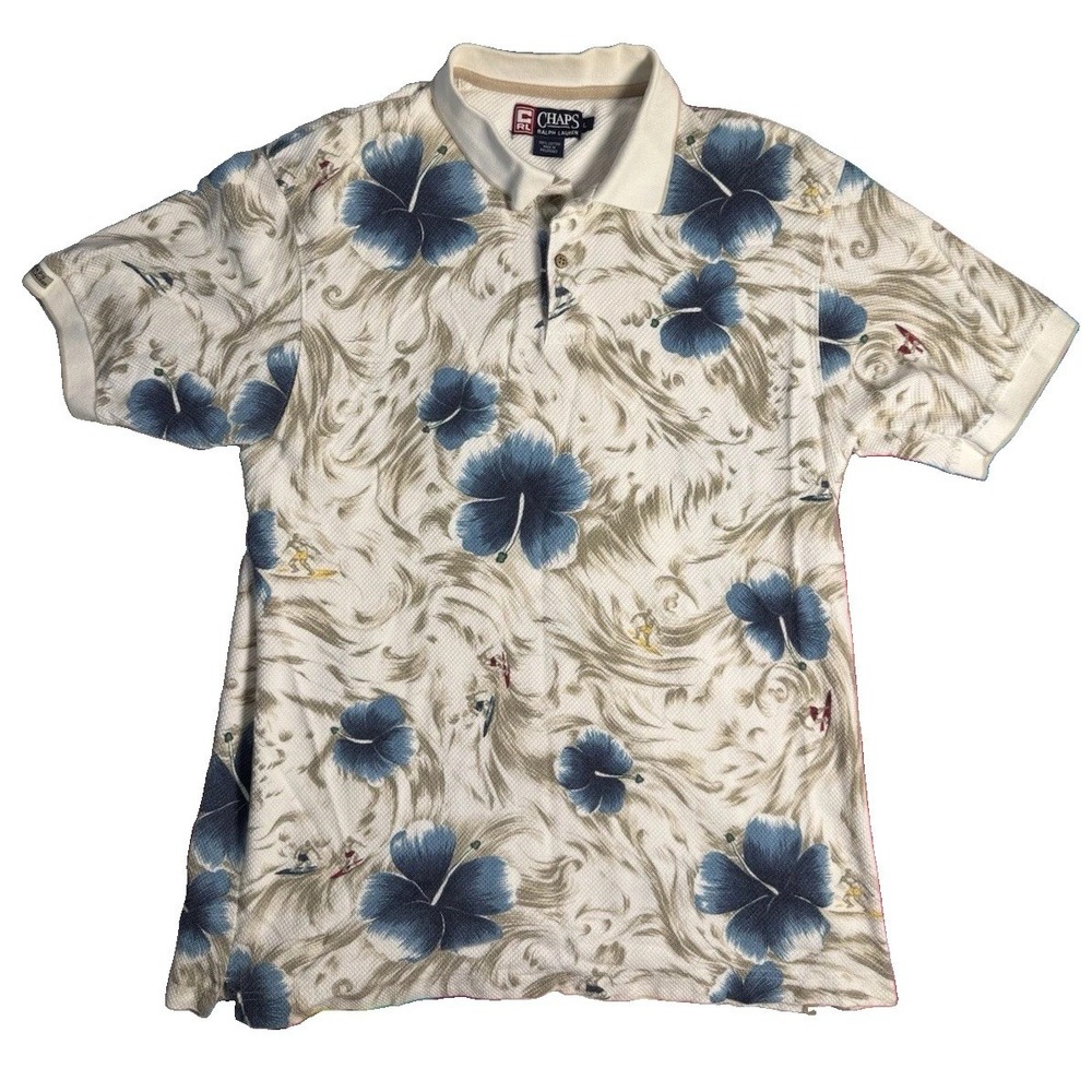 Ralph Lauren Chaps Men's Large Polo Shirt Floral Hawaiian Cotton Short Sleeve